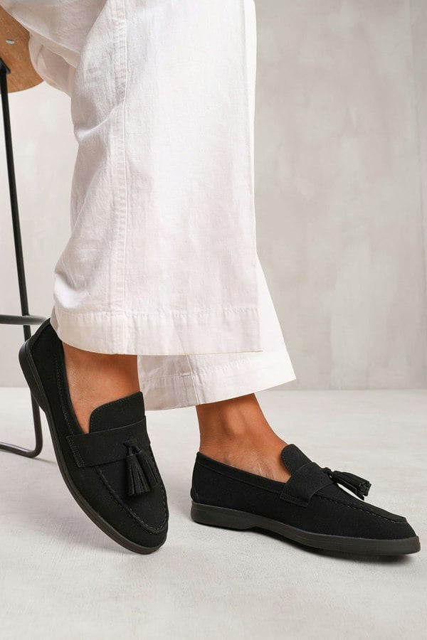 Where's That From Kenya Slip on Loafer With Tassel Detailing in Black Suede