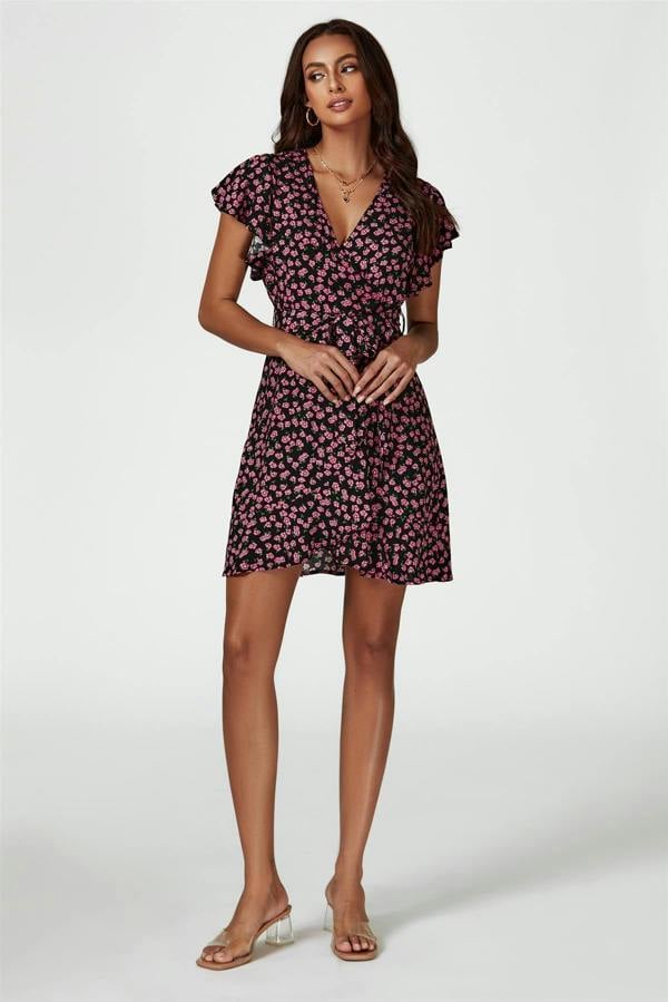 FS Collection Floral Print Wrap Top Dress In Black