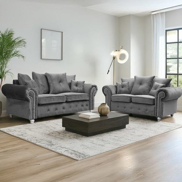 Furnishings For Less Zoey Grey Plush Velvet Sofa Suite