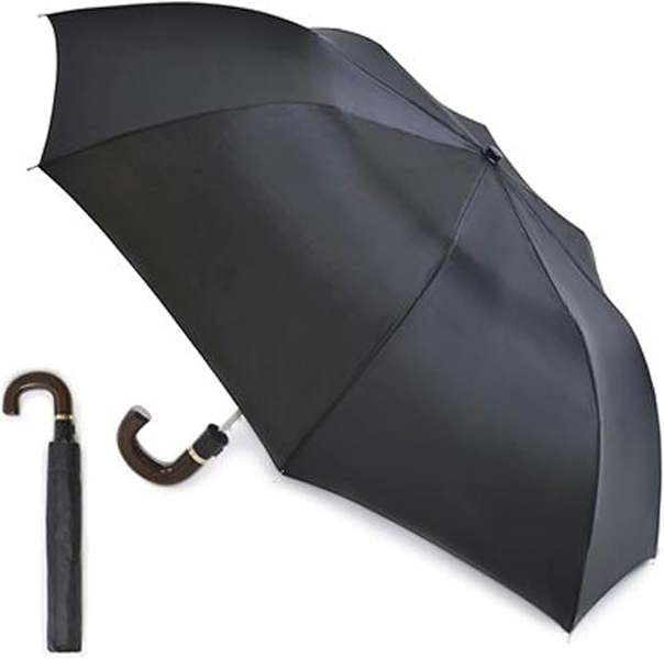 KAV Men's Auto Folding Umbrella With Wood Effect Handle - Compact, Stylish, Automatic Folding For Rain And Sun Protection (Black), 88cm Diameter