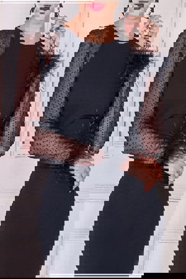 Racer Neck Scuba Crepe Feather Sleeve Midi - Black DR4060