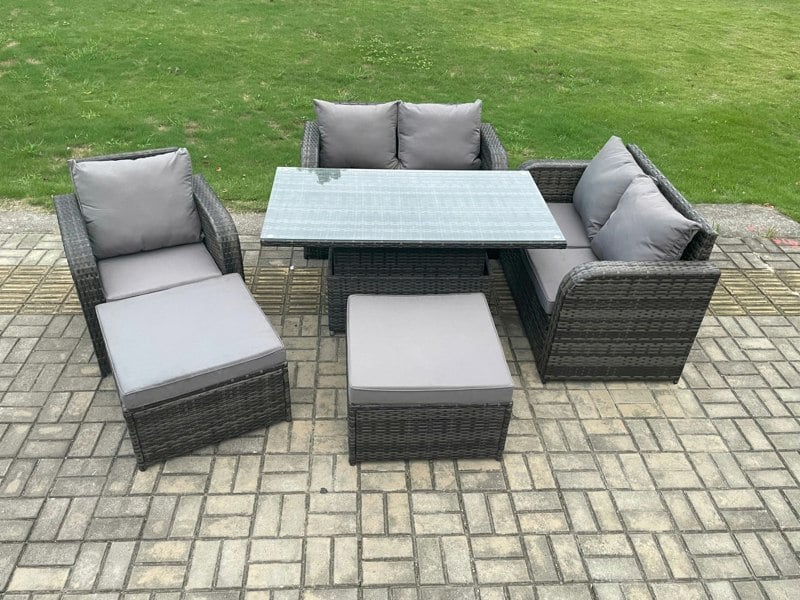 Fimous 7 Seater Rattan Furniture Garden Dining Set Outdoor Height Adjustable Rising lifting Table Love Sofa Chair With 2 Big Footstool