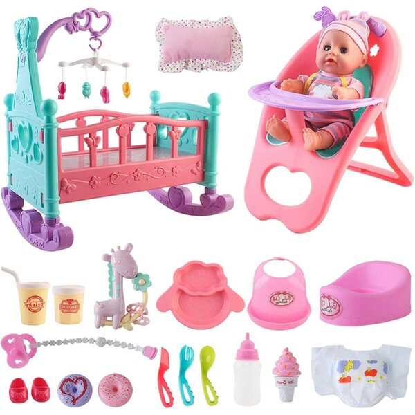 deAO Toys My First Baby Doll 15 Pieces Play Set with Miniature Crib Mobile High Chair Baby Doll Kids Toys - pink - 3+