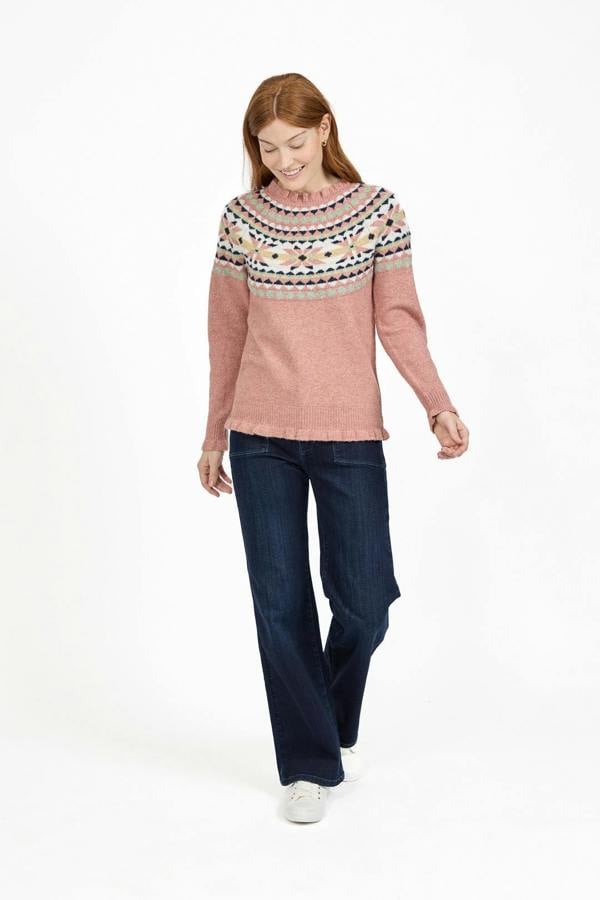 Mudflower Fair Isle Yoke Crew Neck Frill Knit Jumper