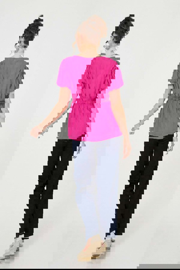 Pink | Ruched Short Puff Sleeve Peplum Blouse
