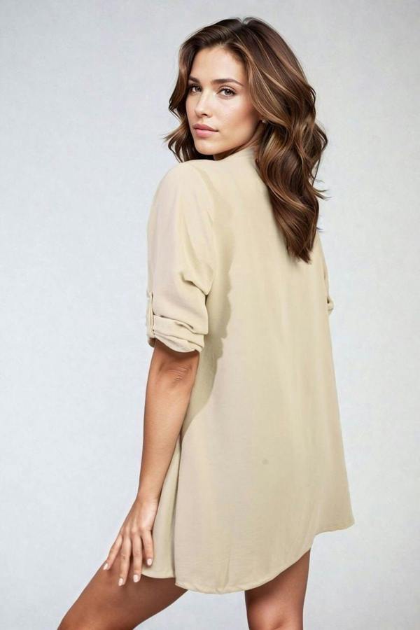 Vivian Open Front Roll Up Sleeve Cardigan - Beige