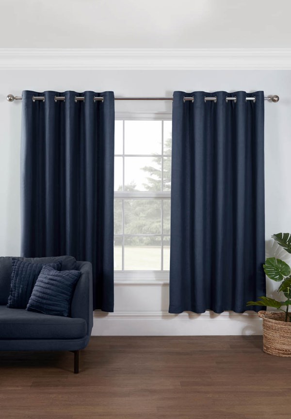 Lazy Linen Pure Washed Linen Lined Eyelet Curtains - Navy