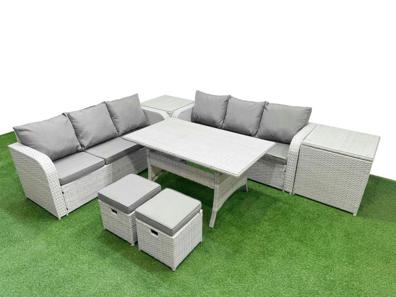 Fimous 8 Seater Wicker Rattan Garden Furniture Patio Set, Dining Table, High Back Lounge Sofa, Stools, 2 Side Table, Light Grey