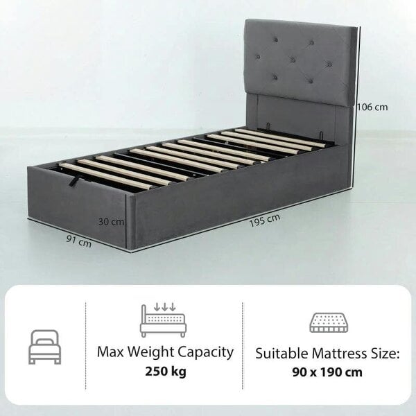 Single Bed Frame Gas End Lift Under Bed Storage Upholstered Platform Bed Tufted Headboard for 90 x 190 cm Mattress