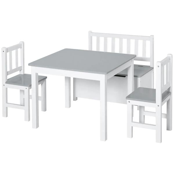 Kids table and chair set with grey tabletop, white chairs, and storage bench, modern design