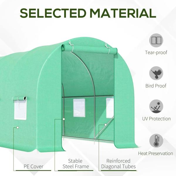 Green walk-in tunnel greenhouse with arched roof, door opening, and side window panels