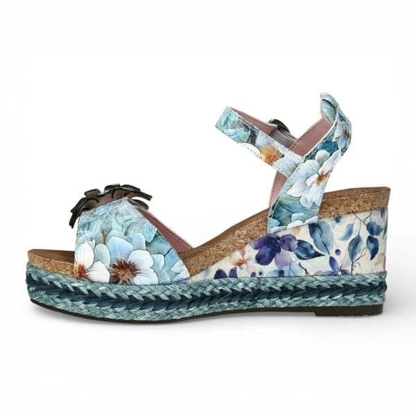 Laura Vita Facyo 75 - Women's Blue Floral Leather Wedge Sandals