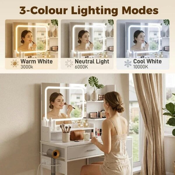 Dressing Table with 3-Colour LED Mirror, Power Outlet, Vanity Desk with 4 Drawers, 5 Shelves, Hair Dryer Holder