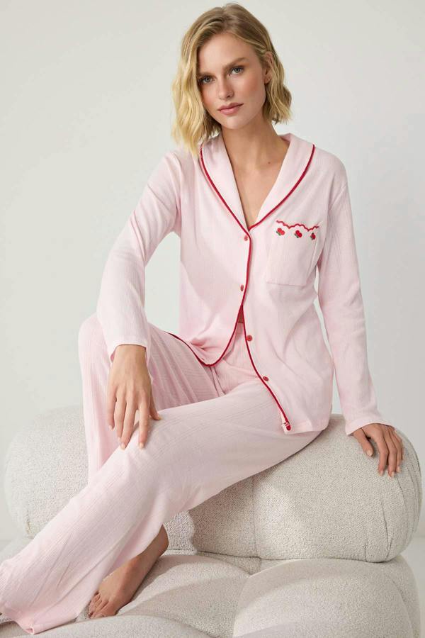 Short Sleeve Crew Neck Button Front Pyjama Set