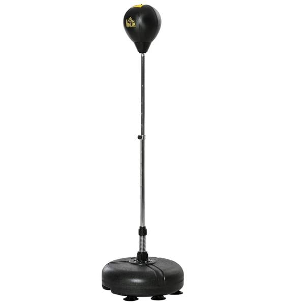 Black punching bag on stand with round base and height-adjustment pole