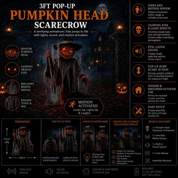 Samuel Alexander 3ft Tall Pop-up Pumpkin Scarecrow Halloween Animatronic Decoration with LEDs