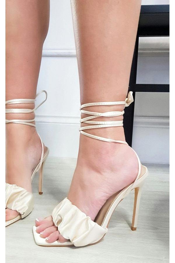 Audrey Ruffle Lace Up High Heels - Nude
