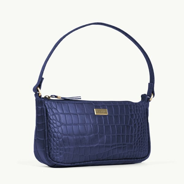 Assots London 'ZARA' Navy Croc Real Leather Baguette Shoulder Bag