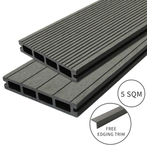 Jardí composite decking in Castle Grey, featuring a textured surface, sleek design, and includes free edging trim for a polished finish