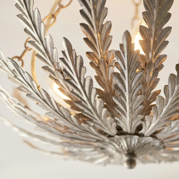 Ornate Silver Flush Ceiling Light Decorative Leaf Design Dimmable 3 Bulb Pendant