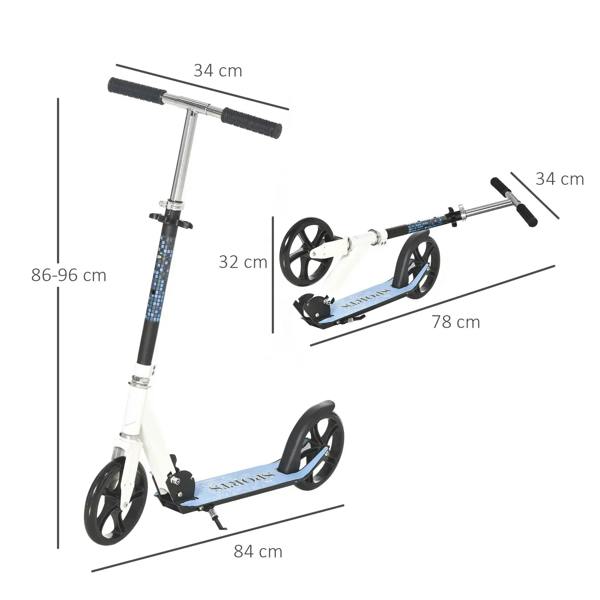 Blue folding kids kick scooter with white frame and shown dimensions