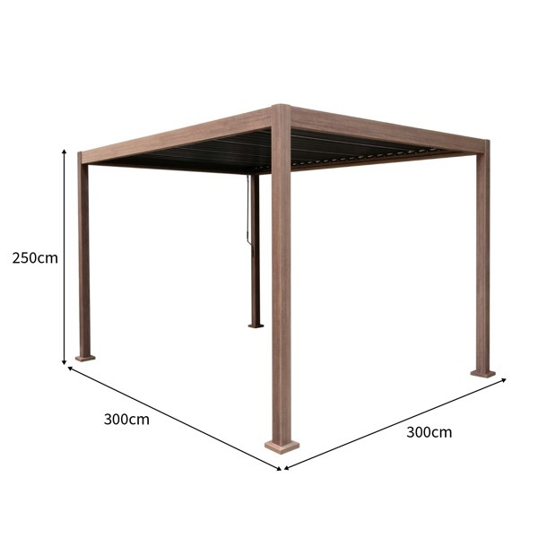 Wood effect aluminium pergola measuring 3m x 3m with a sleek design, featuring a sturdy frame and adjustable slats for shade