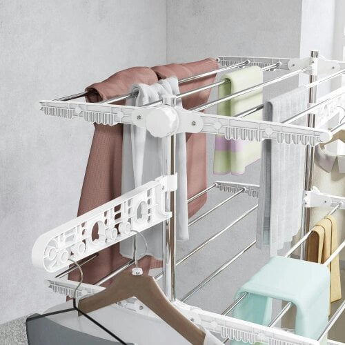 Bobobiy Four-Shelf Collapsing Clothes Horse, With Side Arms and Wheels - White