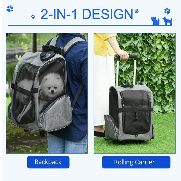 Grey pet rolling carrier backpack with mesh window, front pocket, and padded shoulder straps