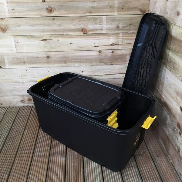 Samuel Alexander 1 x 145L AND 4 x 24L Heavy Duty Trunks 1 on Wheels Sturdy, Lockable, Stackable and Nestable Design Storage Chest with Clips in Black