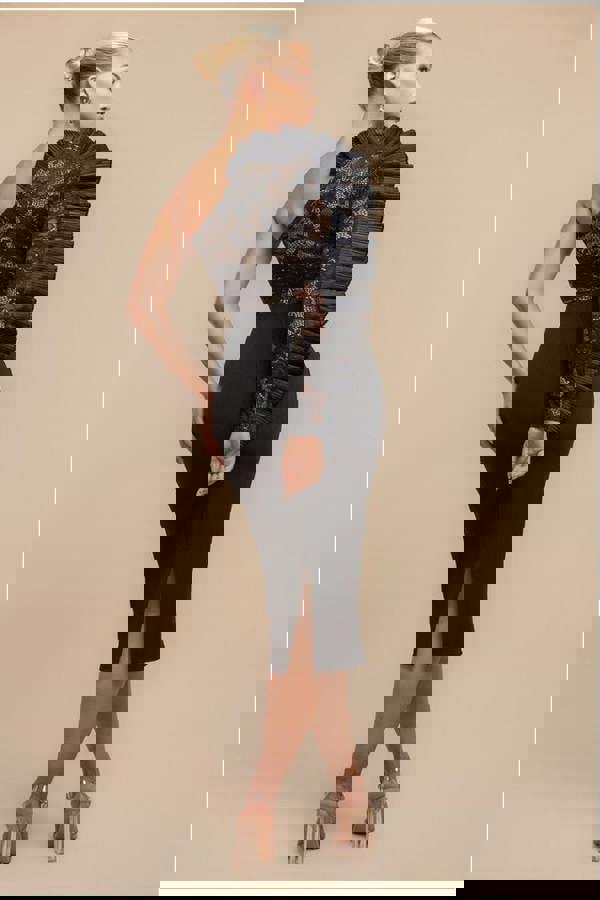 One Shoulder Organza  Fan Detail Lace Bodice Midi Dress - Black DR4607