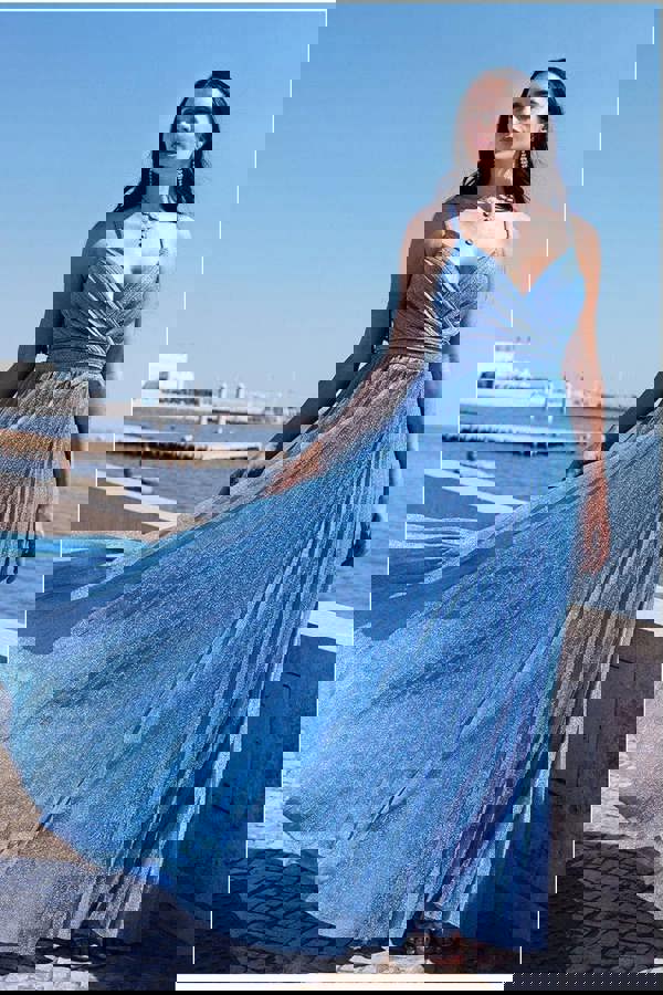 Sleeveless Pleated A Line Lurex Maxi Dress - Blue DR4494