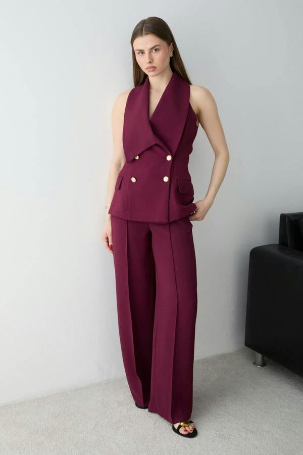 2-Piece Button Detail Sleeveless Waistcoat Wide Leg Trouser Co-ord