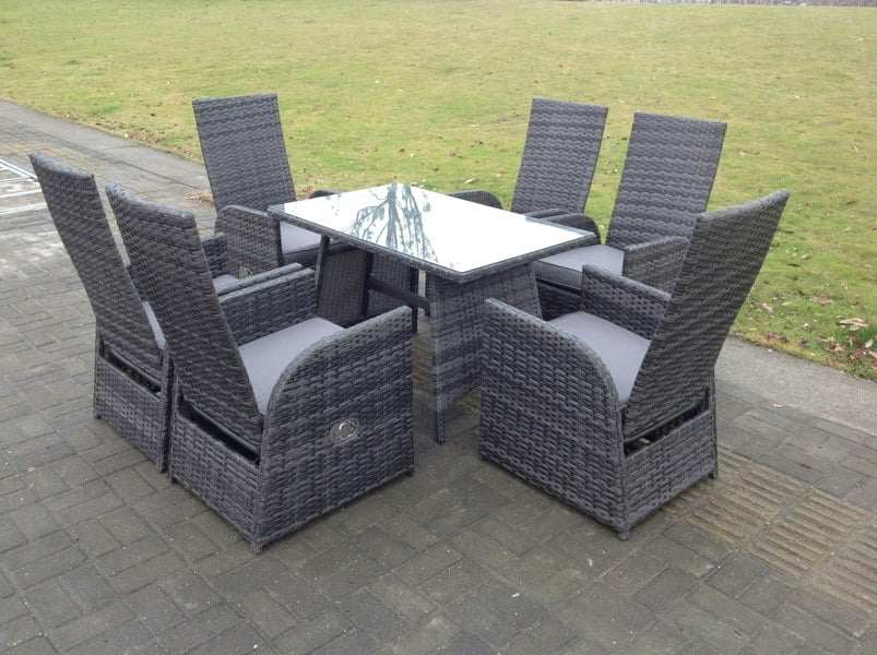 Fimous Oblong Rectangular Table Adjustable Reclining Chair Rattan Dining Set Outdoor Garden Furniture Table And Chair Set Mixed Grey 6 Chairs