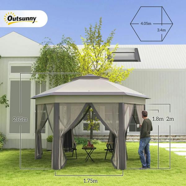 Beige hexagon pop-up garden gazebo with mesh curtains and double roof cover