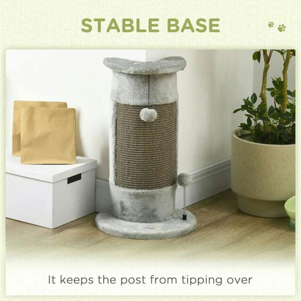 Grey covered cat scratching post with sisal scratching column, plush base pad, stable design