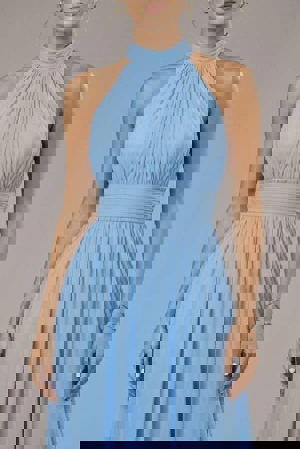 Halter Neck Mesh Tie Maxi Dress - Dusty Blue DR3904