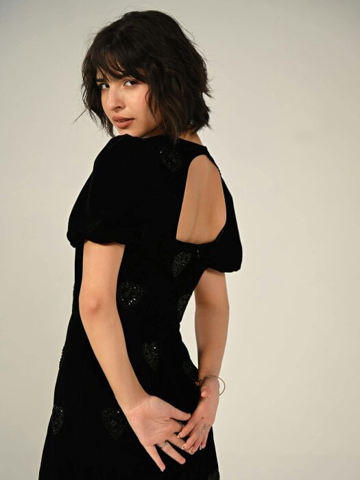 Rose & Nancy Rosheen Black Velevt Hand Embellished Heart Mini Dress