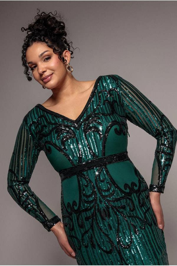 Goddiva Plus Sequin Mesh V Neck Midi Dress - Emerald by Goddiva Plus