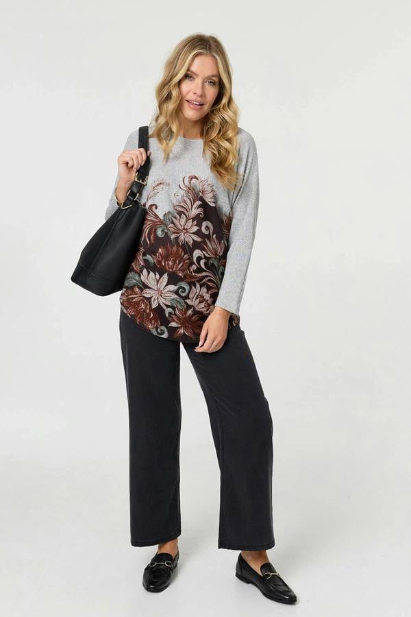 Brown | Floral Relaxed Long Batwing Sleeve Top