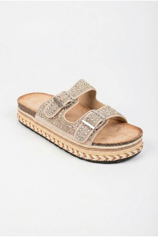 Aria Womens Rhinestone Buckle Platform Sandals - BEIGE