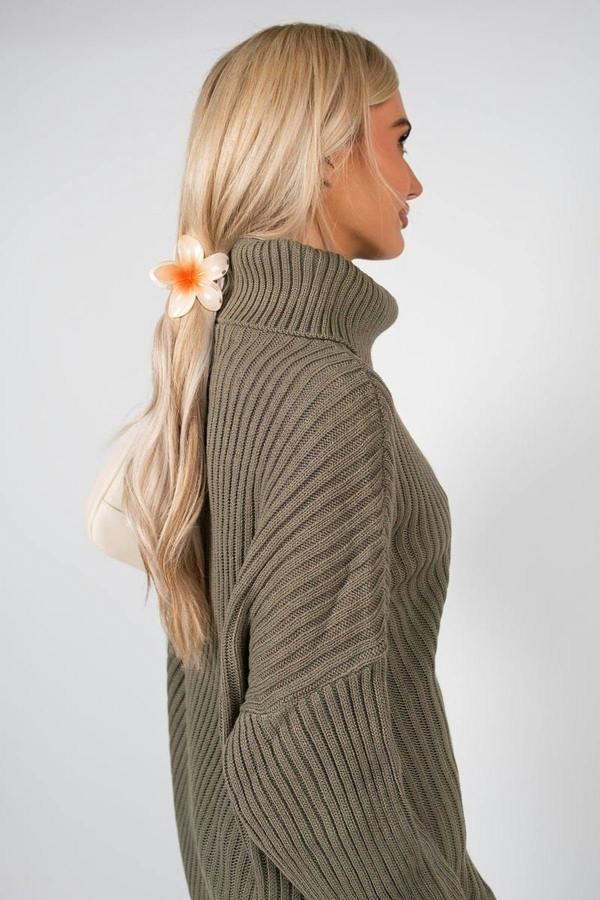Mila Chunky Knitted High Roll Neck Top Bottom Co-ord Set - Khaki