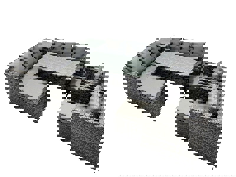 Fimous Outdoor Corner Sofa Chair Dining Table Set Garden Rattan Furniture Set 11 Seater with Side Table 3 Stool Dark Grey