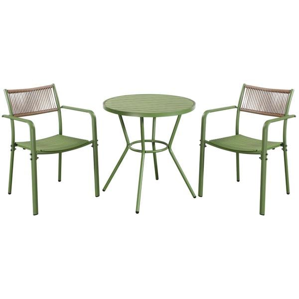Core Products 3 Piece Bistro Garden Set, Pair Of Rope Back Armchairs & Round Plastic Table, Moss Green