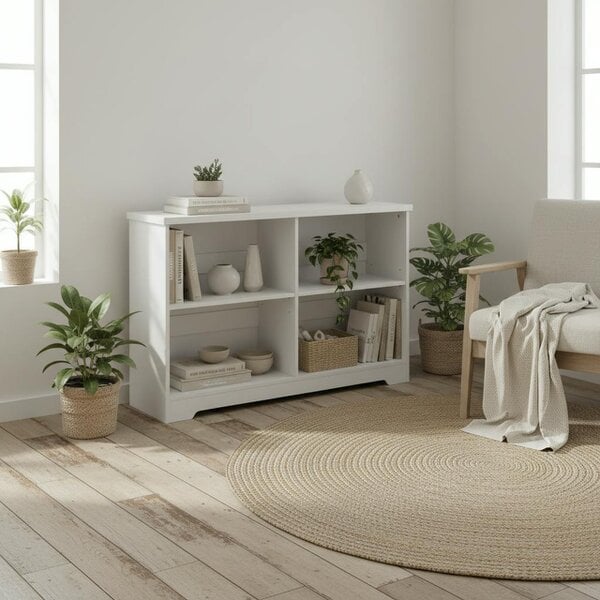 Wyld Haus Sorano Wood White 2 Tier Cube Bookcase With 4 OFauxn Compartments 118 x 29 x 76cm