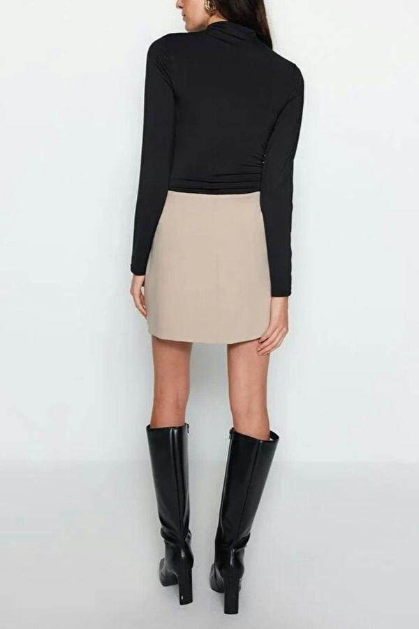 WOVCOR Stand Collar Knit Bodysuit with Gathered Detail
