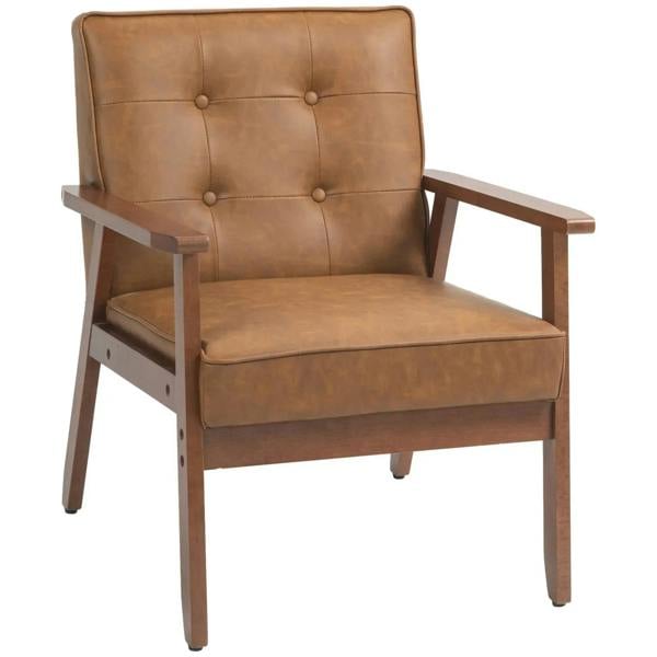 Brown retro accent chair with tufted back, padded seat, and armrests.