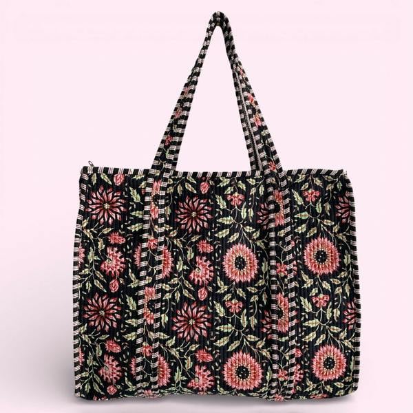 Hayley & Co Black and Pink Flower Quilted Cotton Shoulder Bag