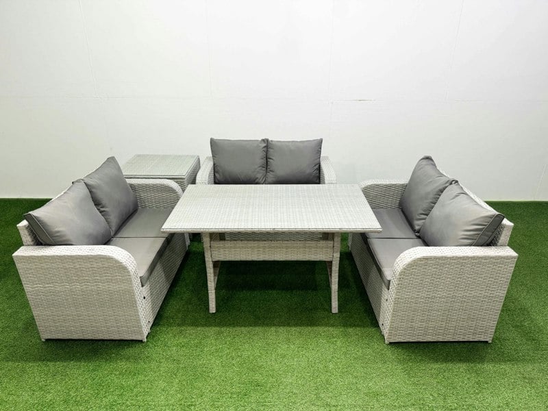 Fimous  6 Seater PE Wicker Rattan Furniture Sofa Sets with Rectangular Dining Table 2 Seater Love Sofa Side Table Light Grey