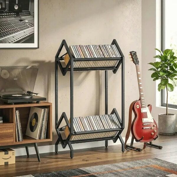 Bobobiy 50 CD Storage Rack, 2-Tier Metal CD Storage Unit, Free Standing, Easy to Assemble, Black
