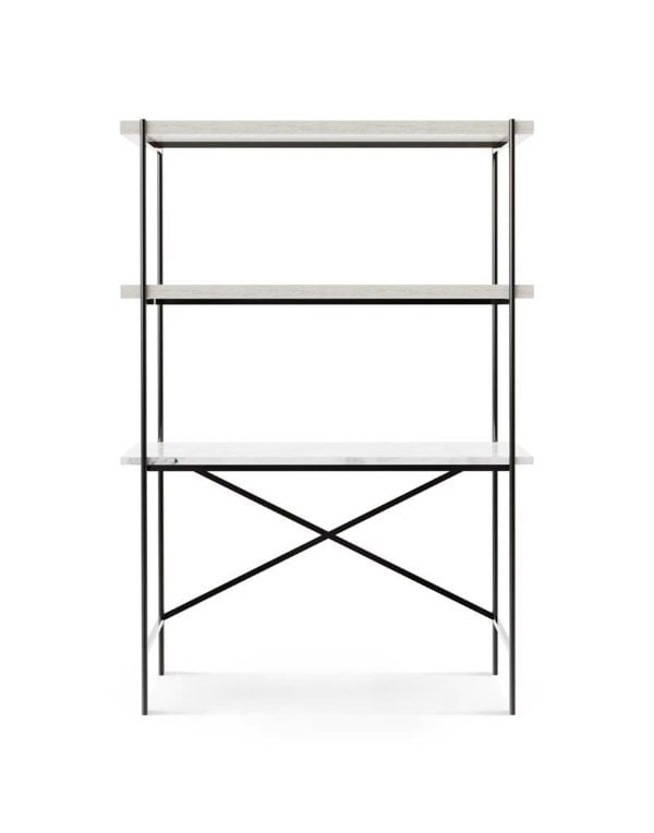 Adriana desk & bookshelf, with white wood shelves, white marble desk top on a dark chrome frame by Gillmore British Design © GillmoreSPACE Ltd